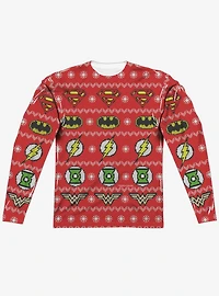 Justice League All Over Christmas Sweater Print Long Sleeve Sublimated T-Shirt