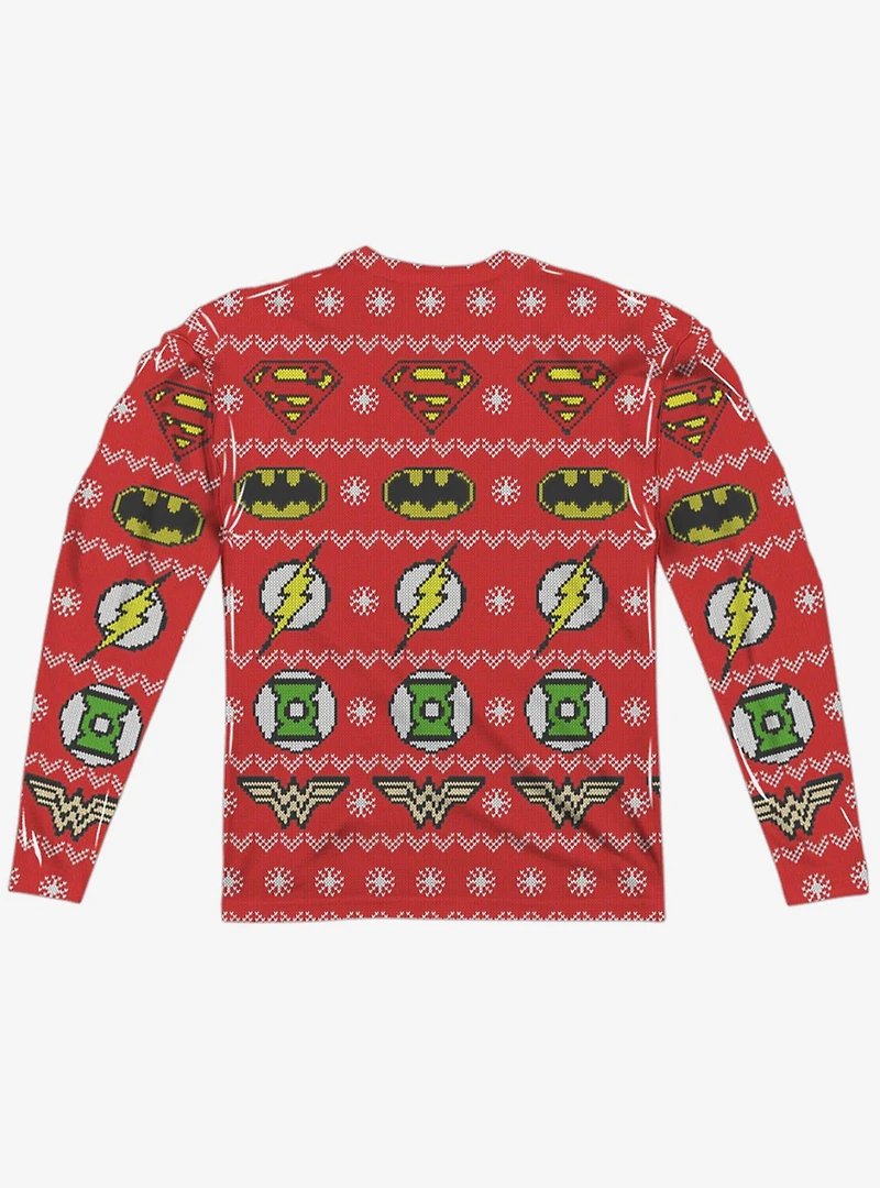 Justice League All Over Christmas Sweater Print Long Sleeve Sublimated T-Shirt