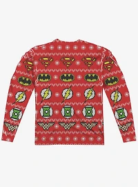 Justice League All Over Christmas Sweater Print Long Sleeve Sublimated T-Shirt