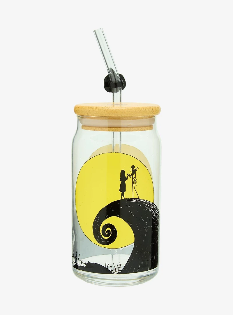 Disney The Nightmare Before Christmas Spiral Hill Silhouette Glass Cup with Straw