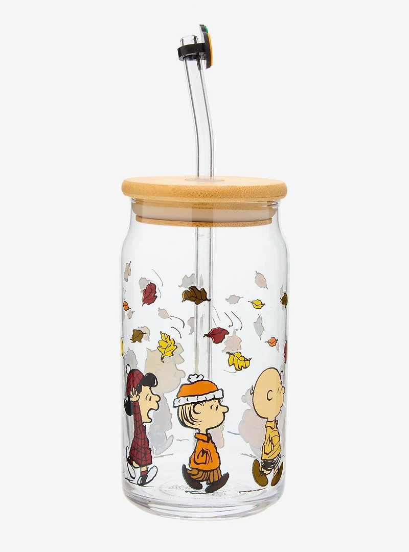 Peanuts Gang Fall Leaves Glass Cup with Straw & Charm