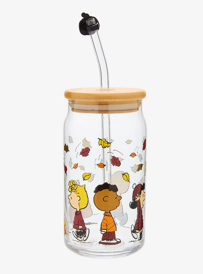 Peanuts Gang Fall Leaves Glass Cup with Straw & Charm