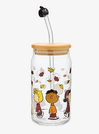 Peanuts Gang Fall Leaves Glass Cup with Straw & Charm
