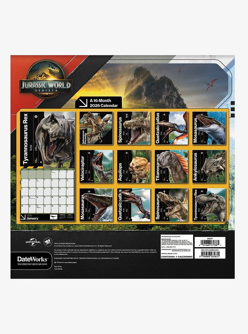 Jurassic World: Rebirth 2026 Wall Calendar
