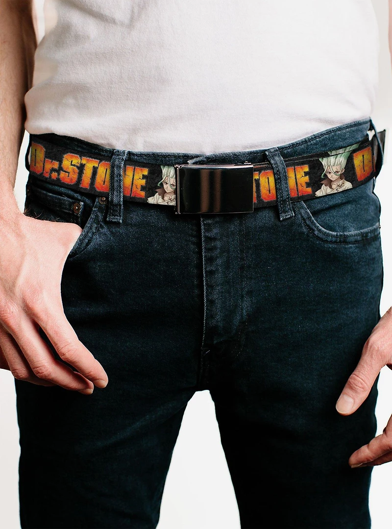 Dr. Stone Title Logo & Senku Ishigami Pose Black Flip Web Belt