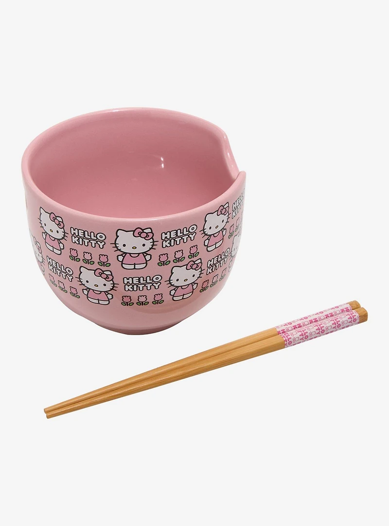 Sanrio Hello Kitty Flowers Pink Ramen Bowl and Chopsticks Set