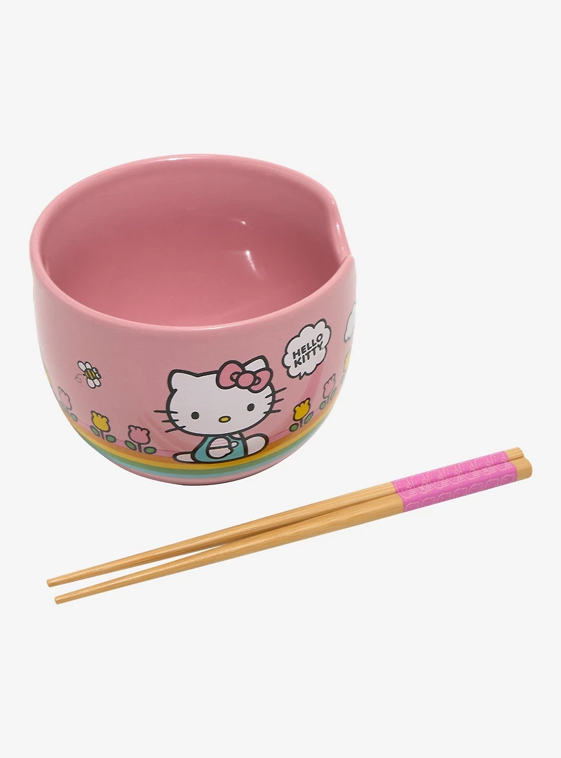 Sanrio Hello Kitty Flowers Striped Ramen Bowl With Chopsticks
