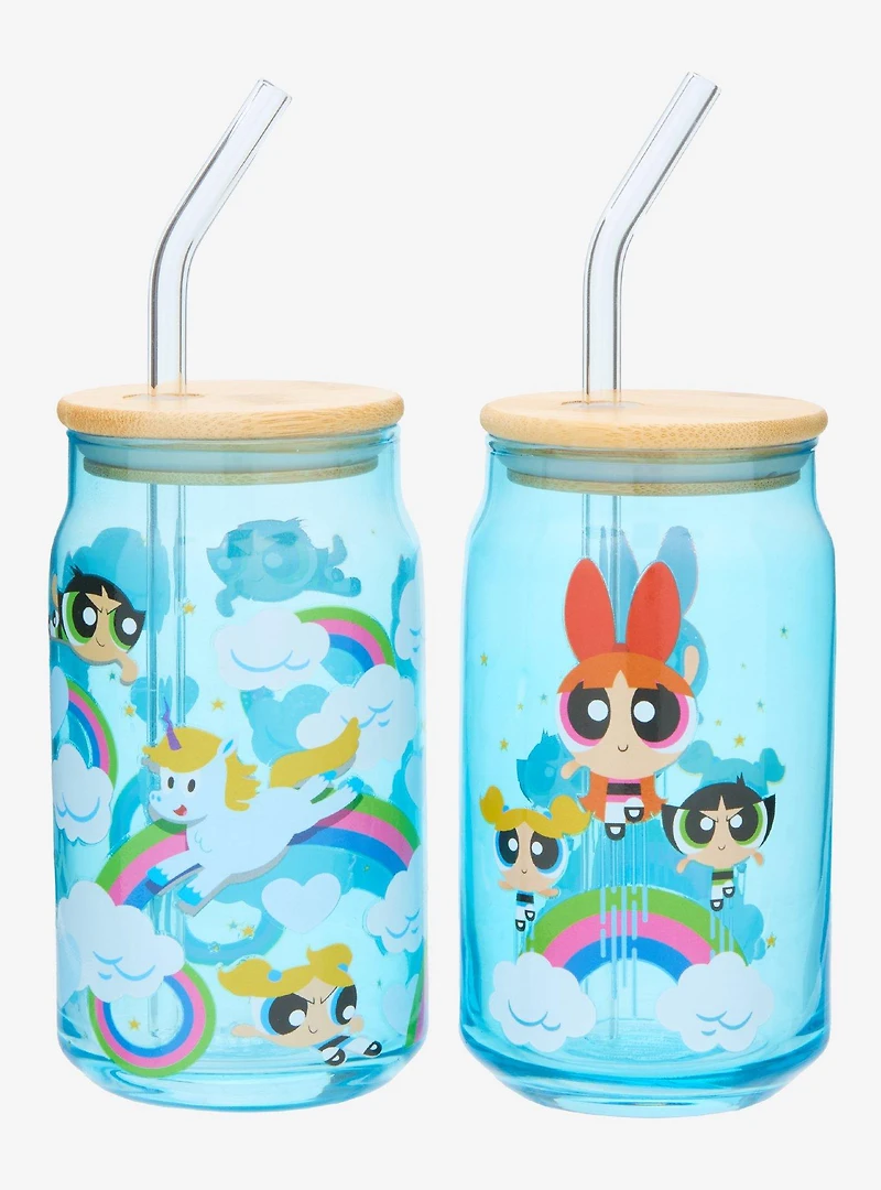 Powerpuff Girls Rainbow Group Portrait Glass Cup with Straw Set
