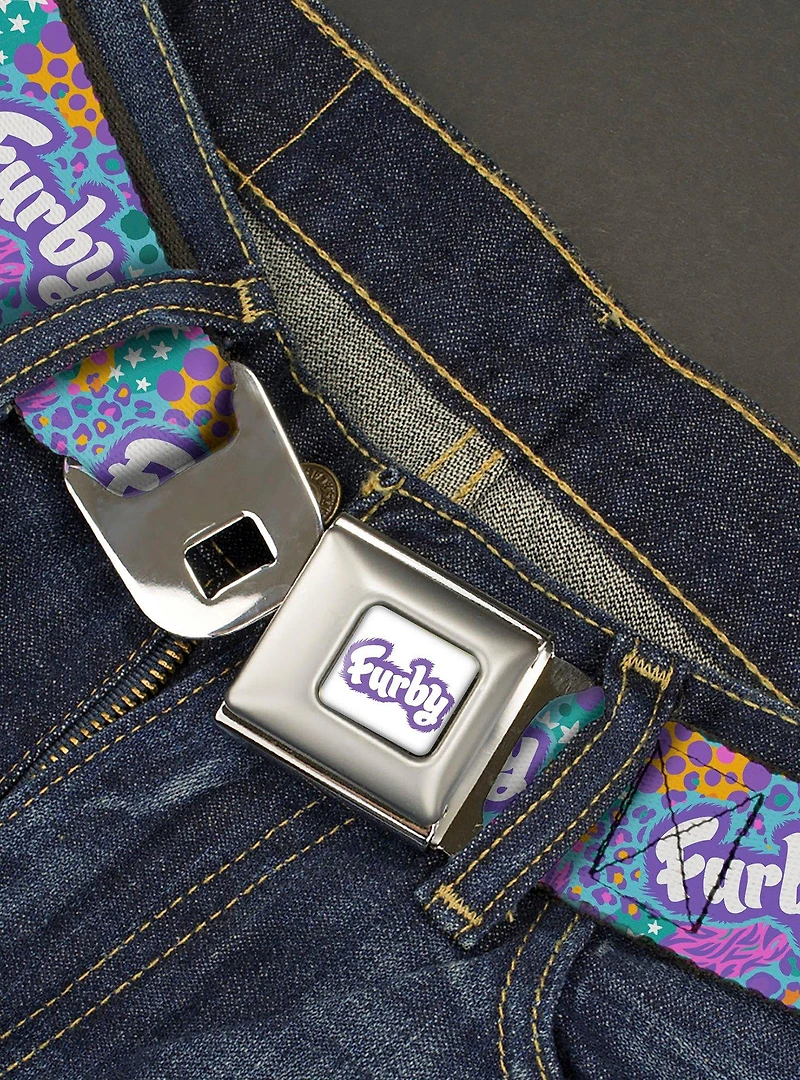 Furby Title Logo and Fur Prints Collage Seatbelt Buckle Belt