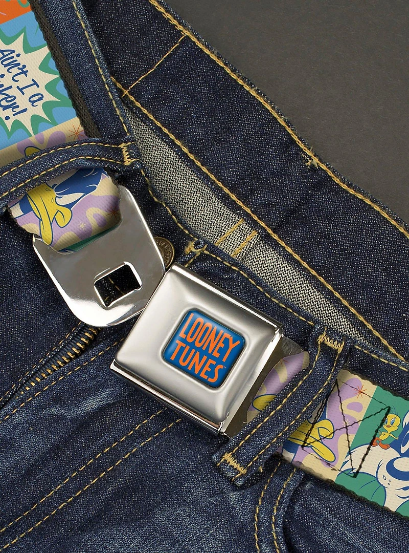 Looney Tunes Character Pose and Icon Blocks Seatbelt Buckle Belt