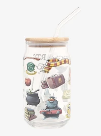 Harry Potter Hogwarts Icons Allover Print Glass Cup with Straw