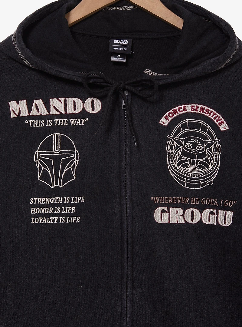 Star Wars The Mandalorian Grogu & Mando Embroidered Icons Zippered Hoodie - BoxLunch Exclusive