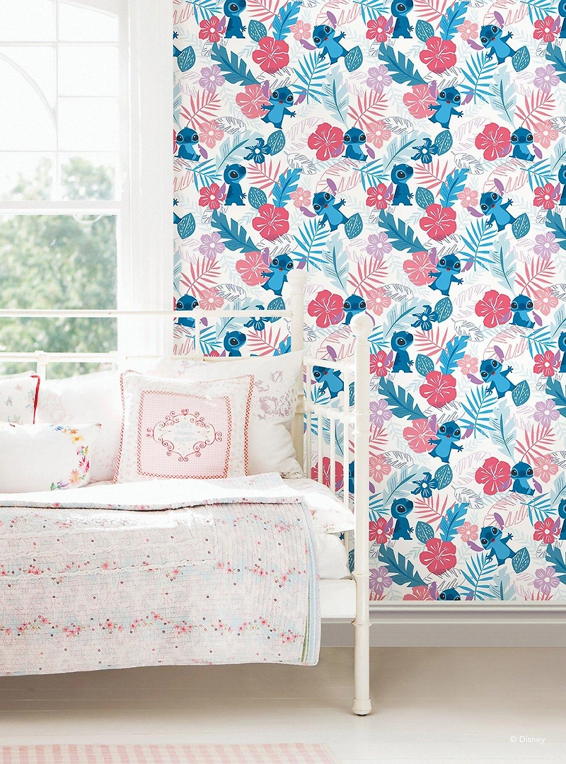Disney Lilo & Stitch Tropical Flowers Pink Peel & Stick Wallpaper