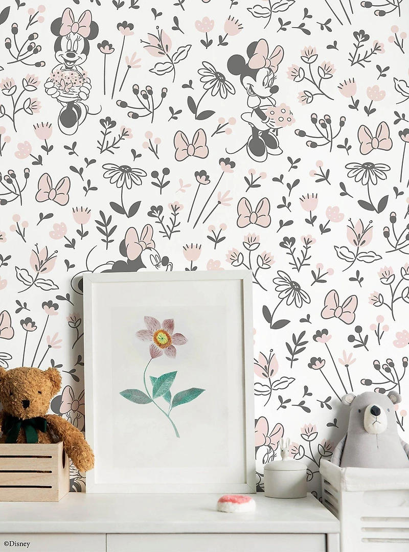 Disney Minnie Mouse Pretty as a Flower Black and White Peel & Stick Wallpaper