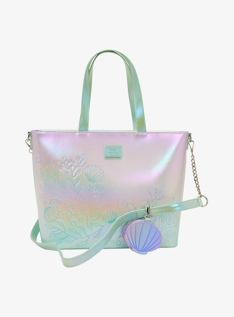 Loungefly Disney The Little Mermaid Ariel, Sebastian, & Flounder Iridescent Tote Bag with Coin Purse