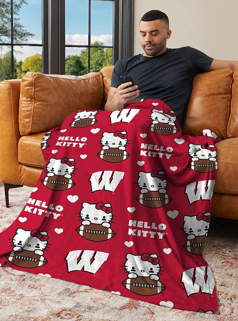 Wisconsin Badgers Football Ready Hello Kitty Cloud Throw Blanket