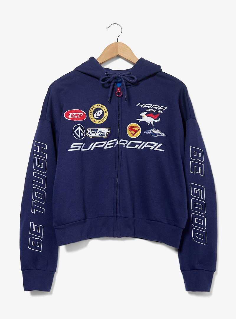 DC Supergirl Embroidered Patches Women's Cropped Zippered Hoodie - BoxLunch Exclusive