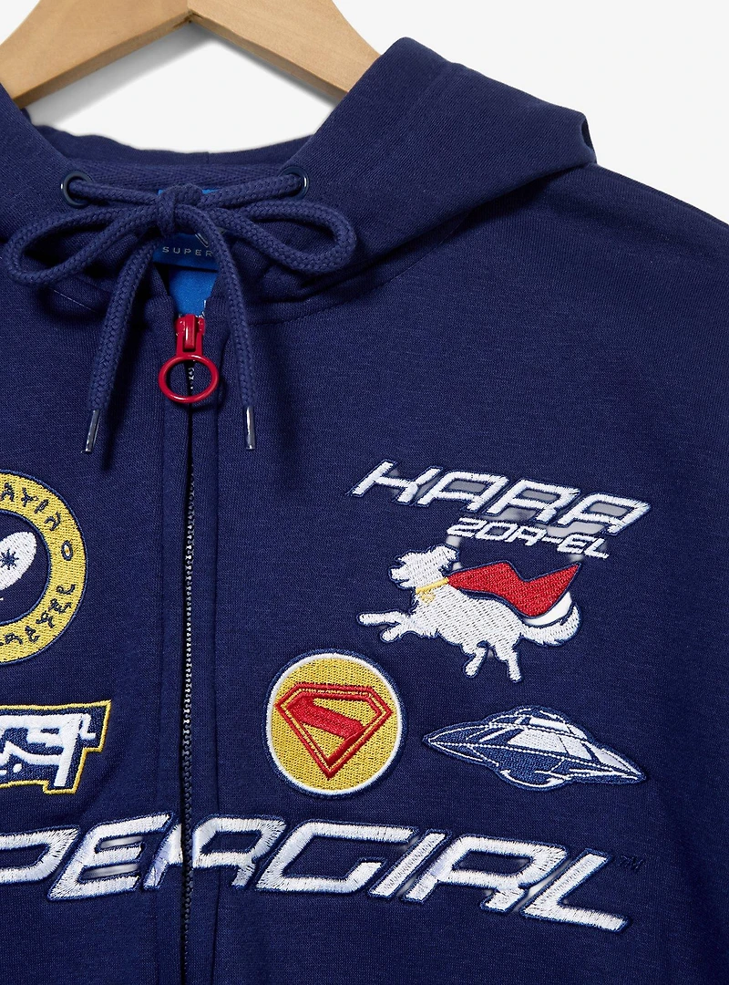DC Supergirl Embroidered Patches Women's Plus Cropped Zippered Hoodie - BoxLunch Exclusive