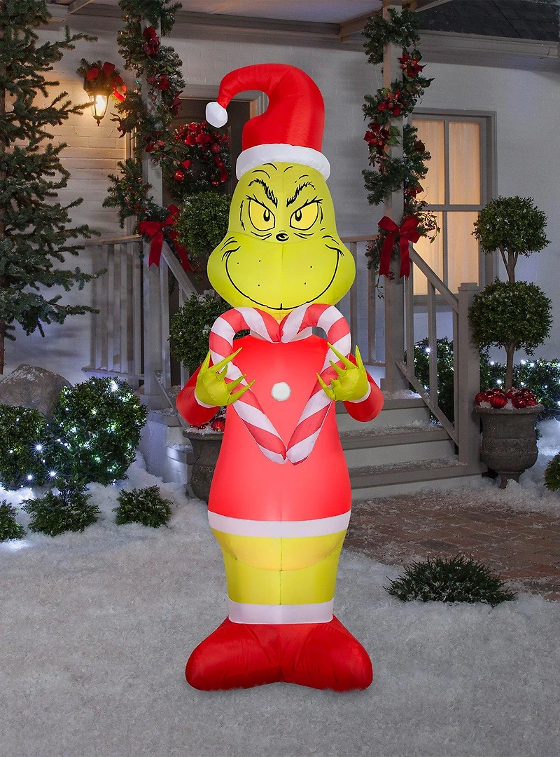 Dr. Seuss How The Grinch Stole Christmas Grinch Holding Candy Cane Hearts Airblown Inflatable