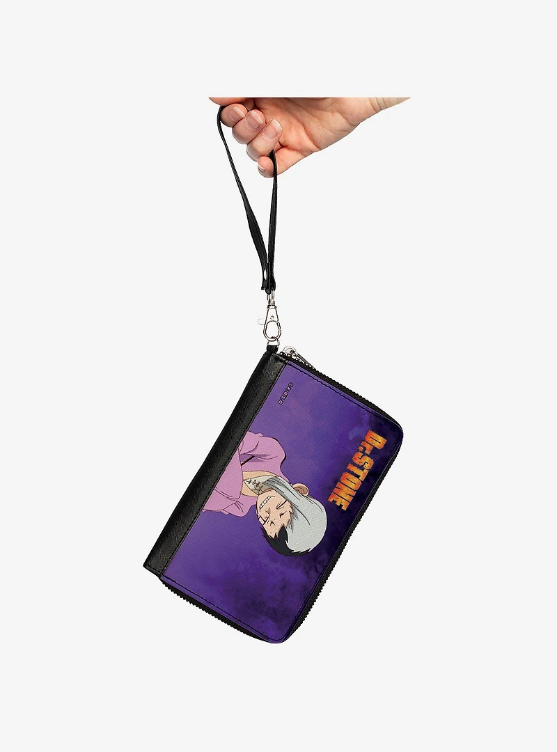 Dr. Stone Gen Asagiri Laughing Pose Title Logo Purples Zip Around Wallet