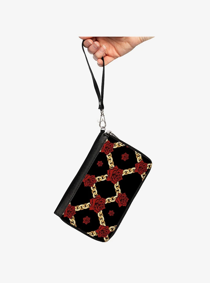 Red Roses and Gold Chain Zip Around Wallet