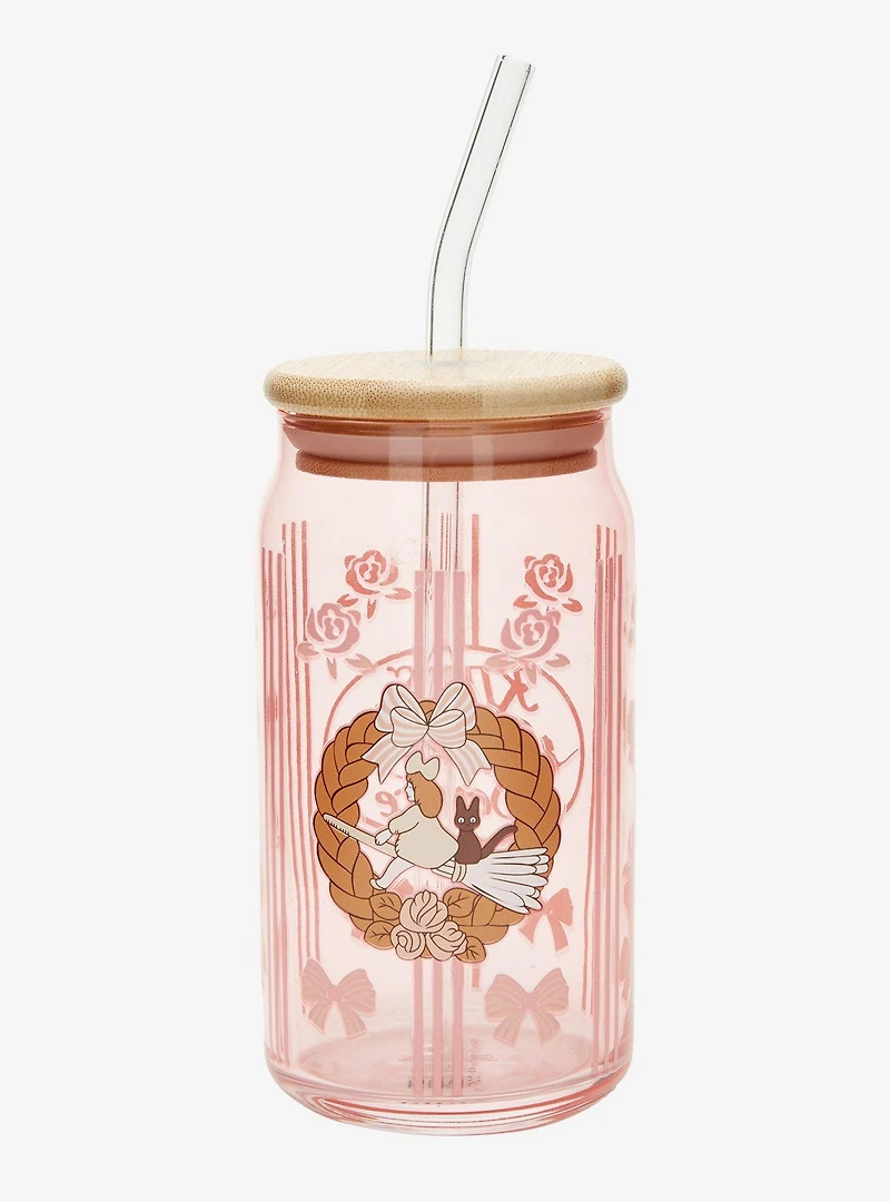 Studio Ghibli® Kiki's Delivery Service Kiki & Jiji Wreath Floral Glass Cup with Straw - BoxLunch Exclusive