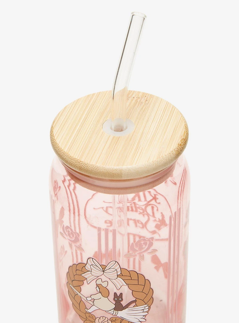 Studio Ghibli® Kiki's Delivery Service Kiki & Jiji Wreath Floral Glass Cup with Straw - BoxLunch Exclusive