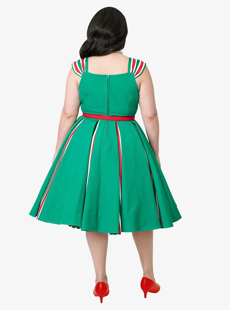 Unique Vintage Plus Green & Candy Cane Stripe Swing Dress