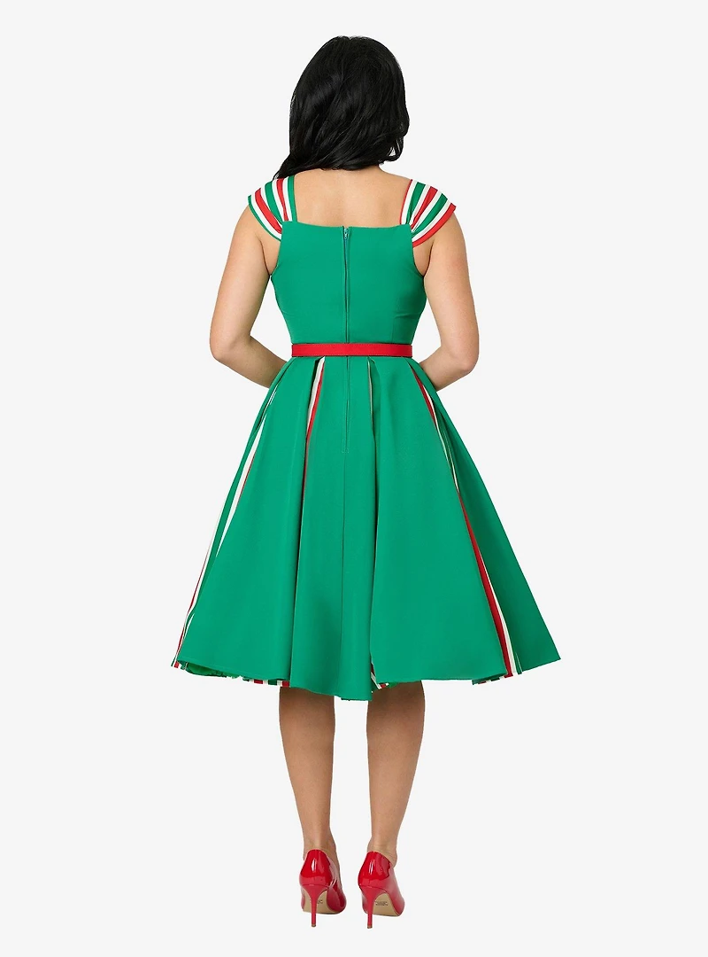 Unique Vintage Green & Candy Cane Stripe Swing Dress
