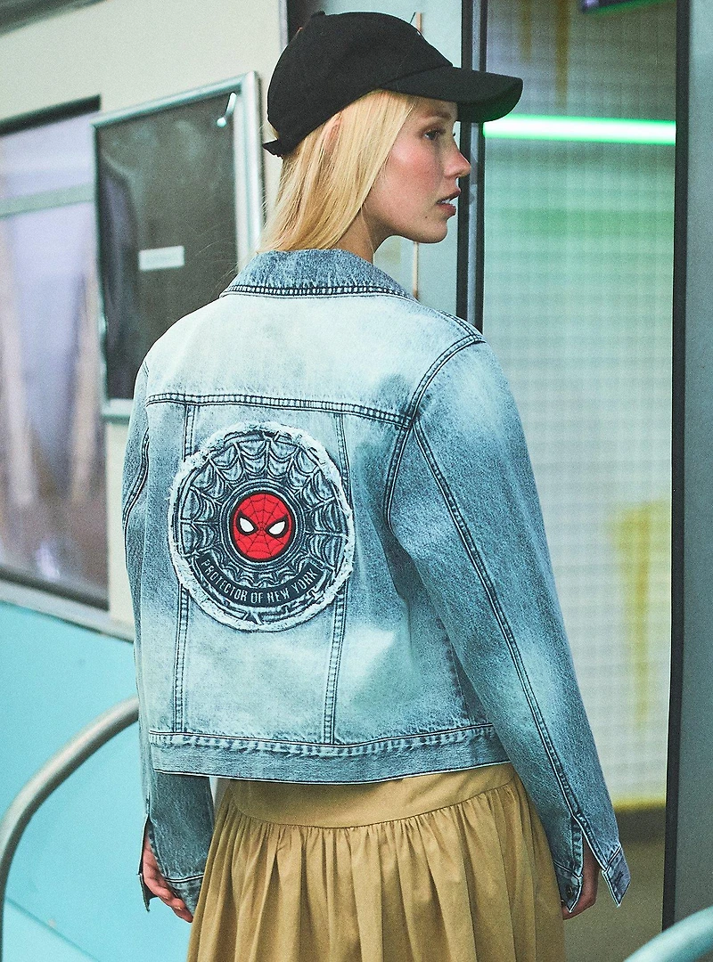 Marvel Spider-Man Embroidered Patches Women's Cropped Denim Jacket - BoxLunch Exclusive