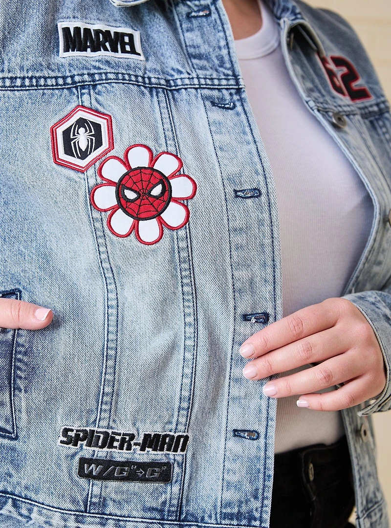Marvel Spider-Man Embroidered Patches Women's Plus Cropped Denim Jacket - BoxLunch Exclusive
