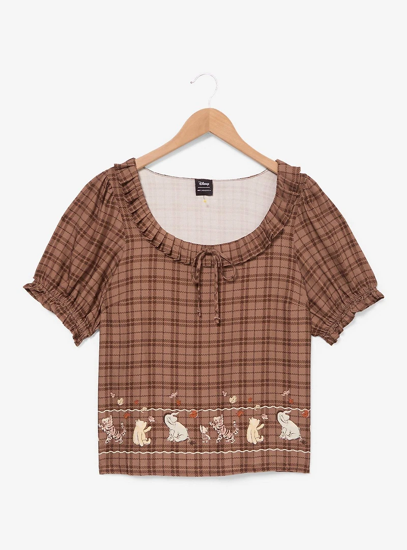 Disney Winnie the Pooh and Friends Autumn Plaid Embroidered Women's Plus Puff Sleeve Top - BoxLunch Exclusive