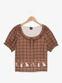 Disney Winnie the Pooh and Friends Autumn Plaid Embroidered Women's Plus Puff Sleeve Top - BoxLunch Exclusive