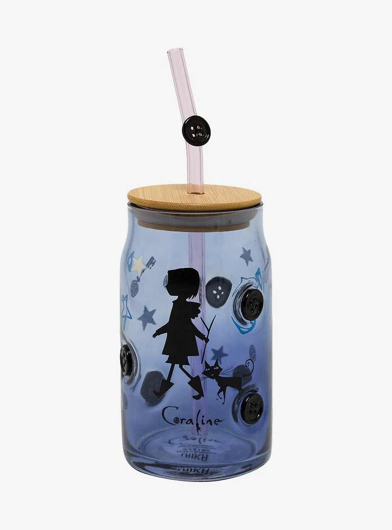 Coraline Button Silhouettes Glass Cup with Straw - BoxLunch Exclusive