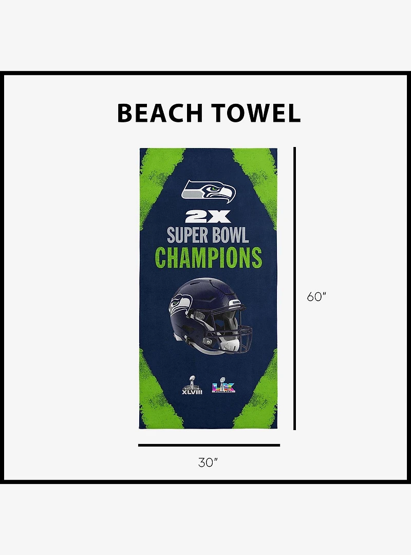 NFL Super Bowl 2026 Seattle Seahawks Multi Champs Coastal Beach Towel