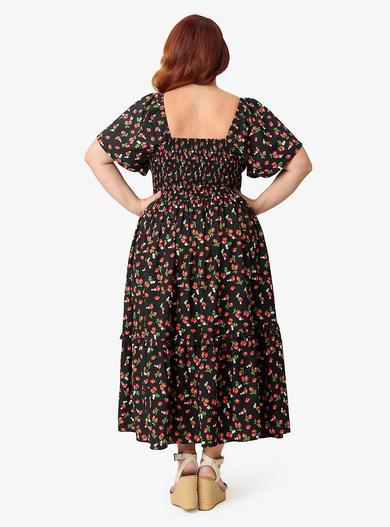 Unique Vintage Plus Black & Strawberry Print Smocked Bodice Midi Dress