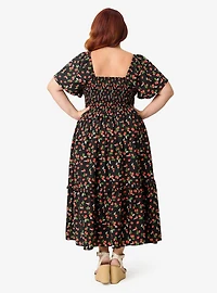Unique Vintage Plus Black & Strawberry Print Smocked Bodice Midi Dress