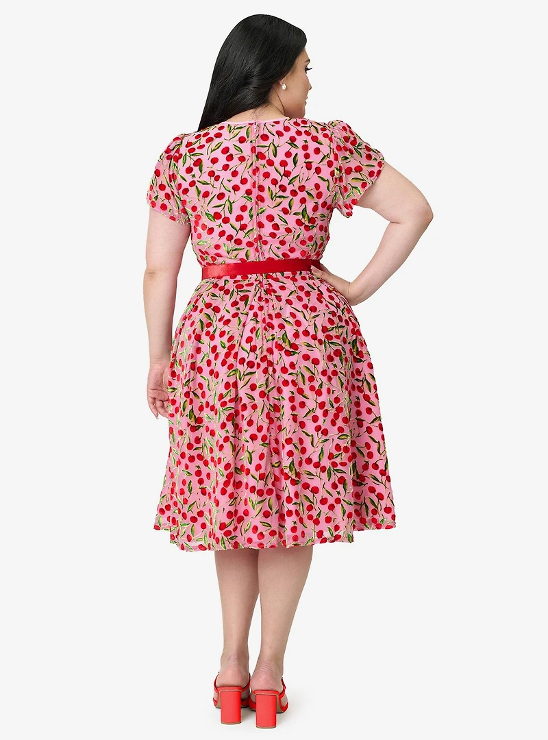 Unique Vintage Plus Pink Velvet Cherries Dahlia Swing Dress