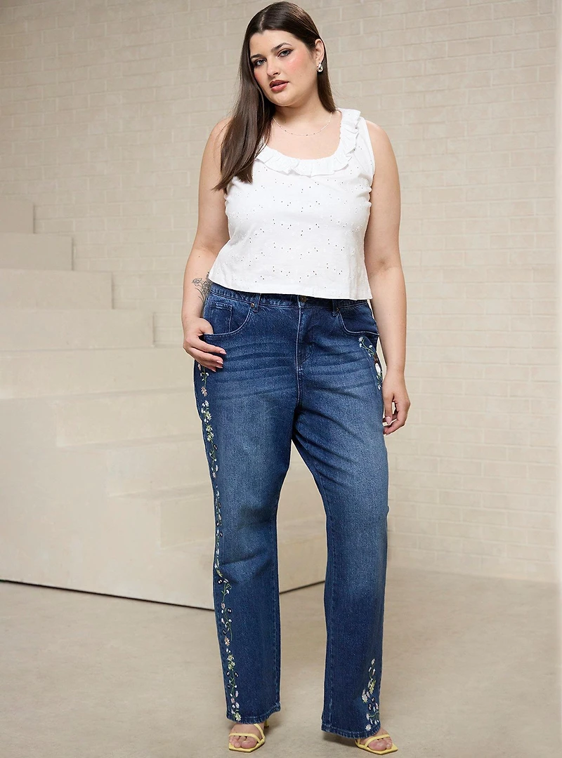 Studio Ghibli® My Neighbor Totoro Soot Sprites Floral Embroidered Women's Plus High-Waisted Jeans - BoxLunch Exclusive