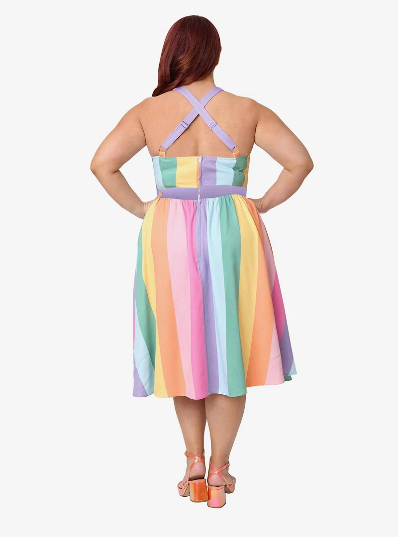 Unique Vintage Plus Pastel Rainbow Stripe Lombard Swing Dress