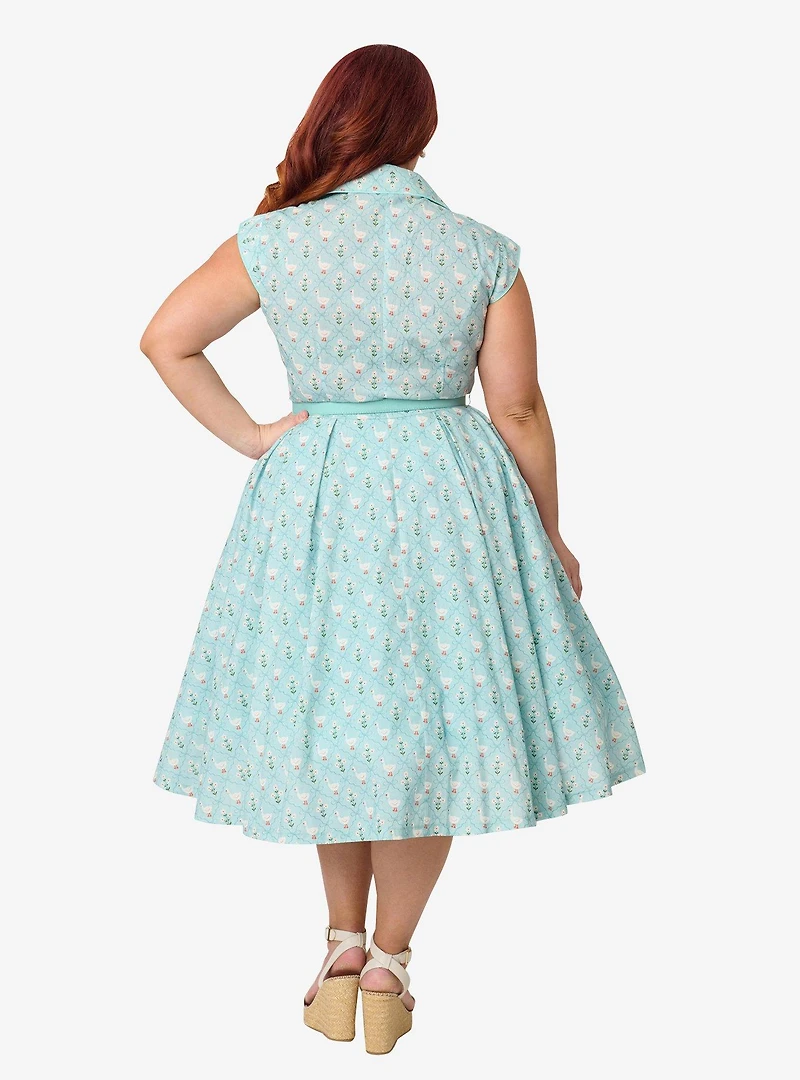 Unique Vintage Plus Blue & Goose Print Cotton Shirt Swing Dress