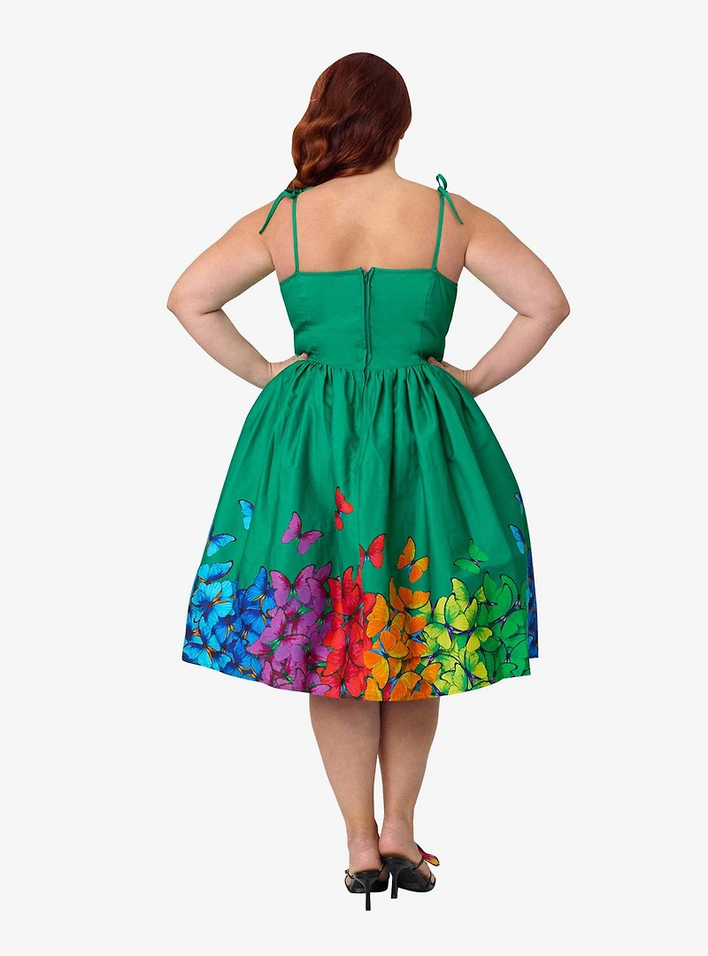 Unique Vintage Plus Green & Rainbow Butterfly Cotton Bobbie Swing Dress