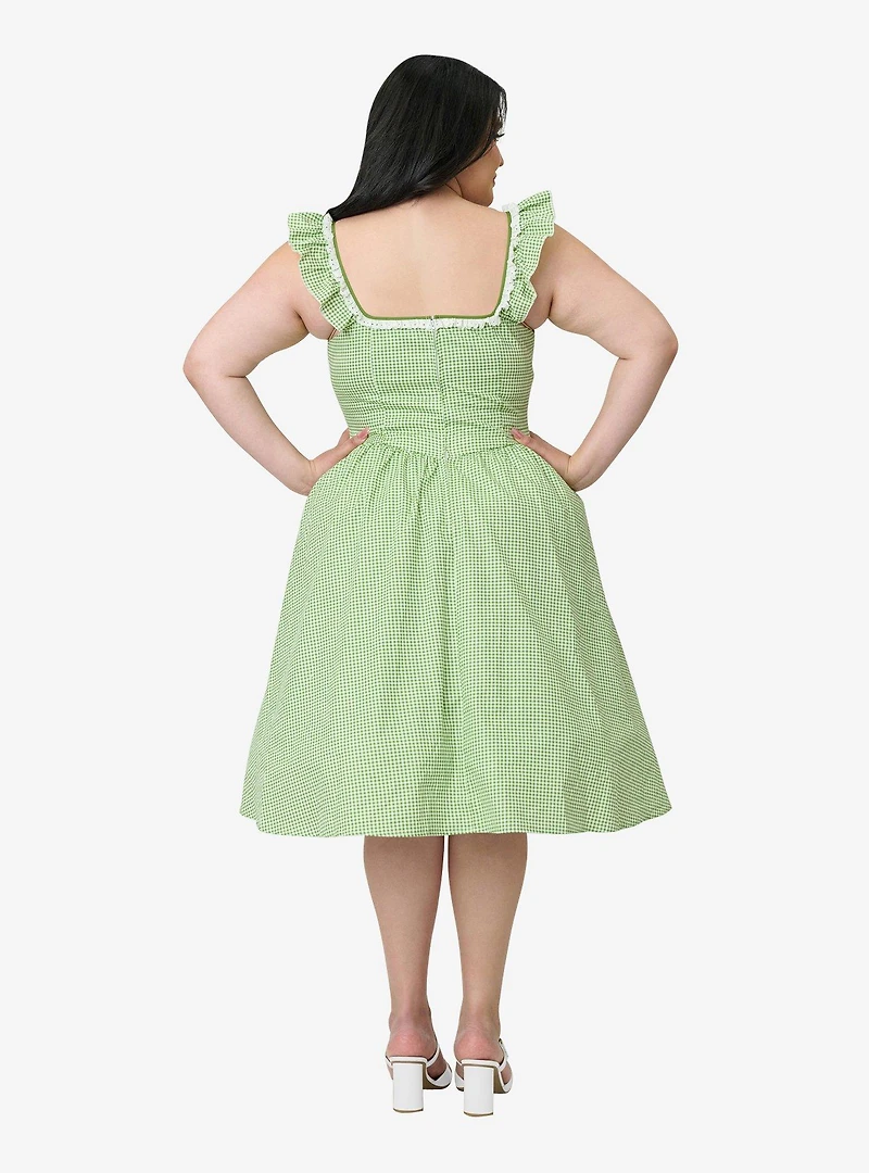 Unique Vintage Plus Green Gingham Sweetheart Flutter Sleeve Swing Dress