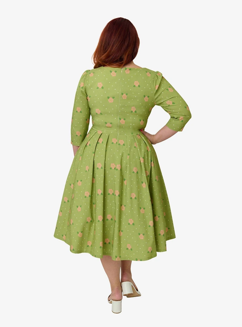 Unique Vintage Plus Chartreuse & Pink Rose Sweetheart Swing Dress