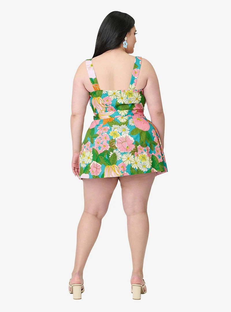 Smak Parlour Plus Teal Floral Sweet & Sassy Skirted Cotton Romper