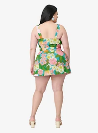 Smak Parlour Plus Teal Floral Sweet & Sassy Skirted Cotton Romper