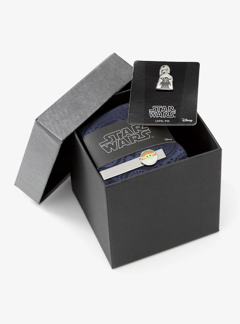 Star Wars Mandalorian and Grogu Navy Silk Paisley Tie, Grogu Tie Bar, and Lapel Pin Gift Set