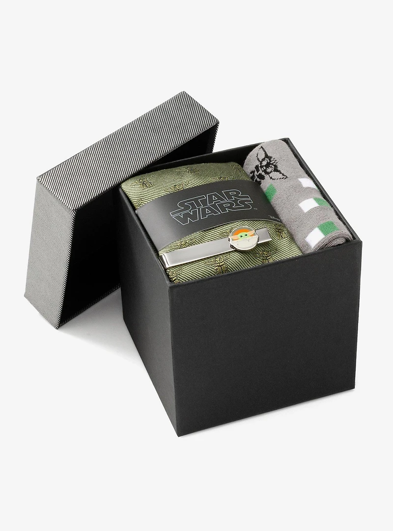 Star Wars Grogu Green Silk Tie, Gray Dress Socks, and Tie Bar Gift Set