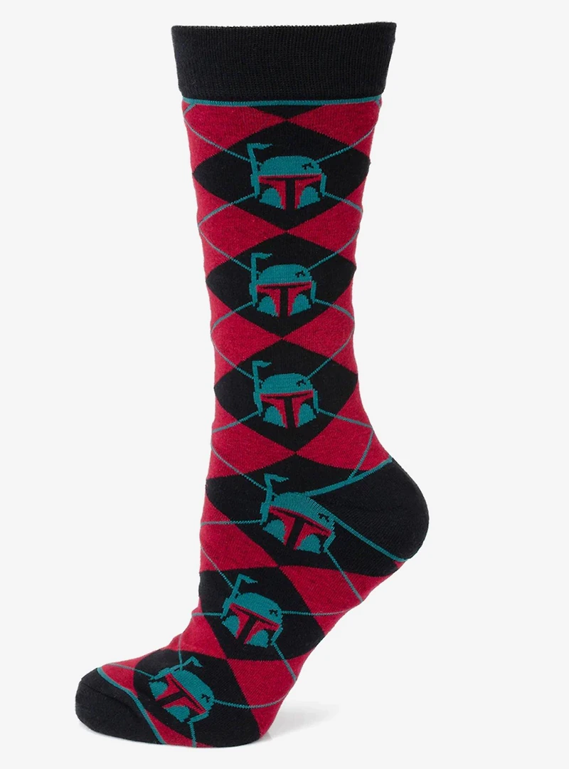 Star Wars Boba Fett Maroon and Black Argyle Socks and Crest Lapel Pin Gift Set