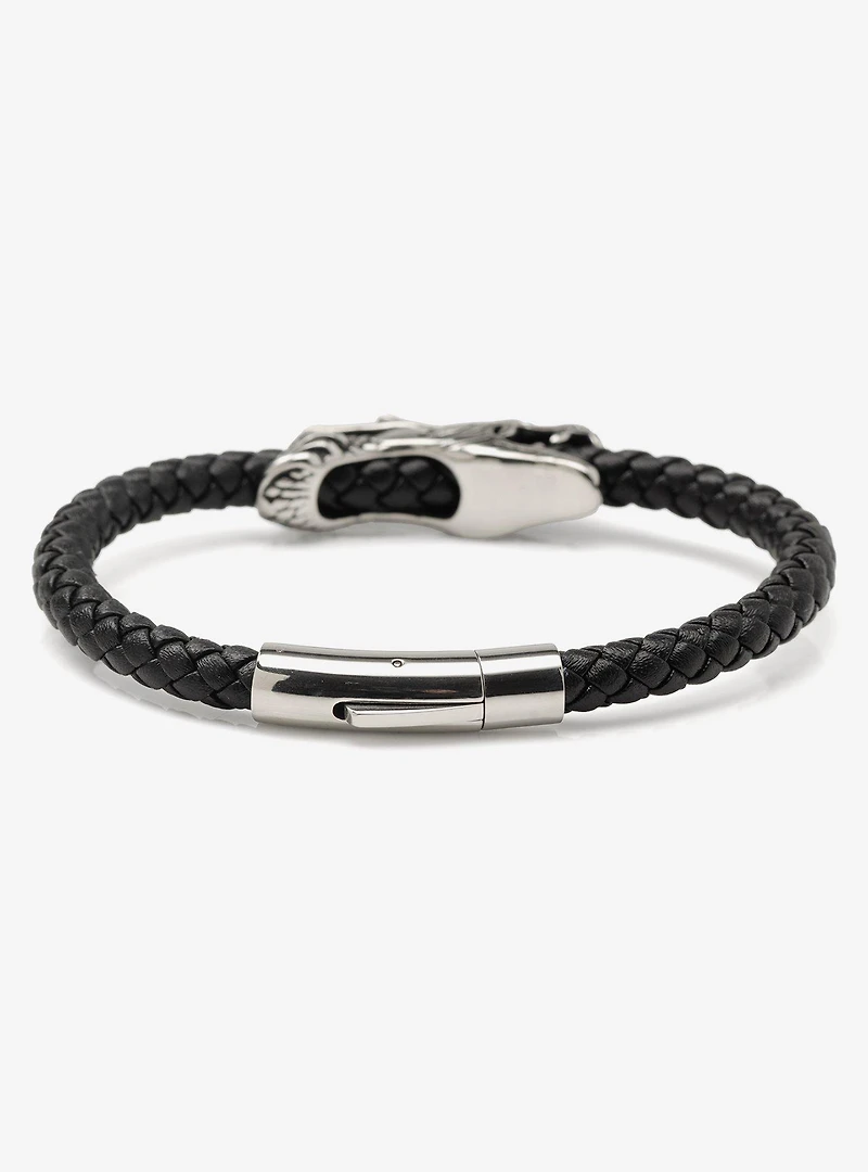 Dragon Head Braided Black Leather Bracelet with Magnetic Closure